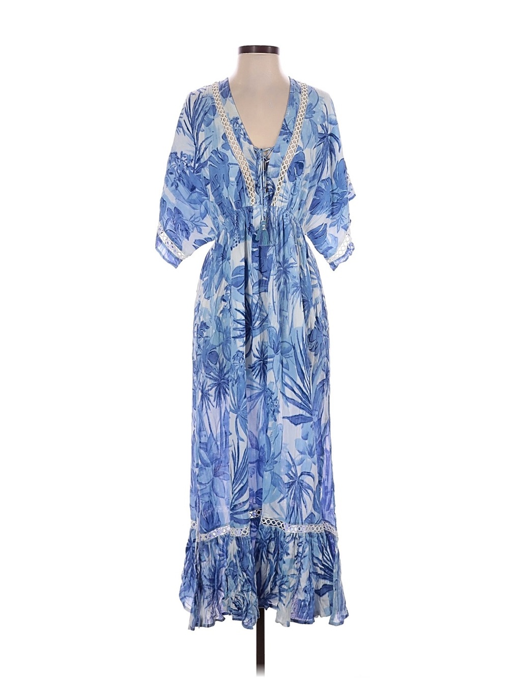 Blue Tropical Print Women's Swim Cover-Up Maxi Dress